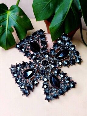 Vintage Gothic Jet Black Rhinestone Maltese Cross Brooch